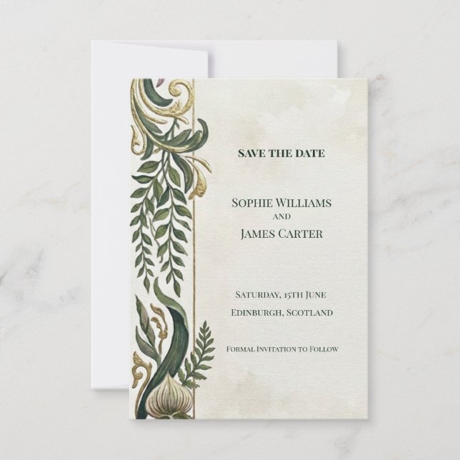 Green Gold Scroll Save The Date Card (Front)