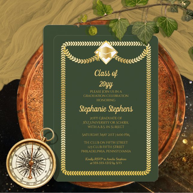 Green | Gold Serpentine Graduation Party Invitation (Elegant Green | Gold Tone Serpentine Grad Cap  College University Graduation Announcement | Party)