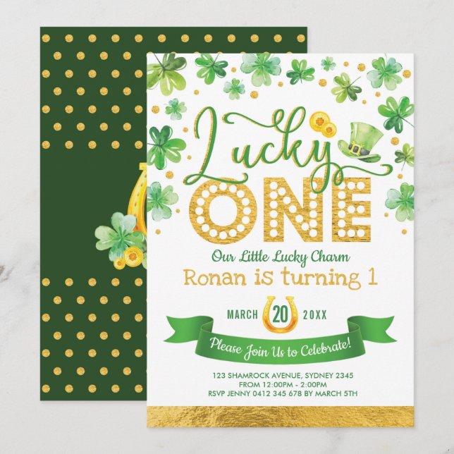 Green Gold Shamrock Lucky One 1st Birthday Party Invitation (Front/Back)