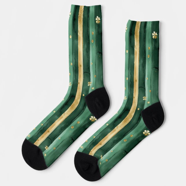 Green Gold Shamrock St. Patrick's Day Stripes Socks (Left)