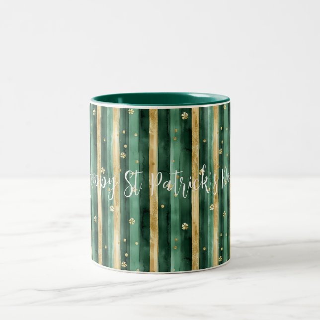Green Gold Shamrock St. Patrick's Day Stripes Two-Tone Coffee Mug (Center)