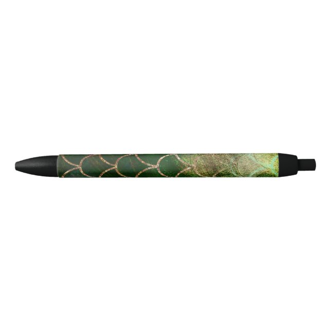 Green & Gold Shimmer Mermaid Fish Scales Black Ink Pen (Front)
