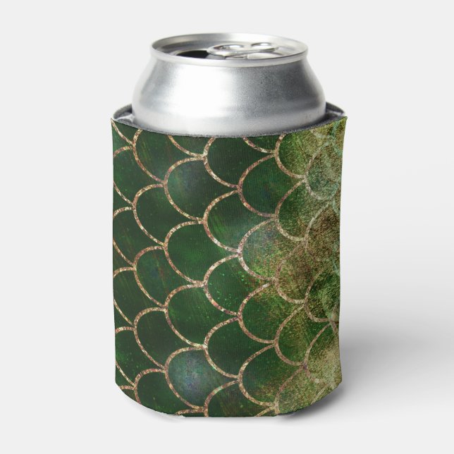 Green & Gold Shimmer Mermaid Fish Scales Can Cooler (Can Front)