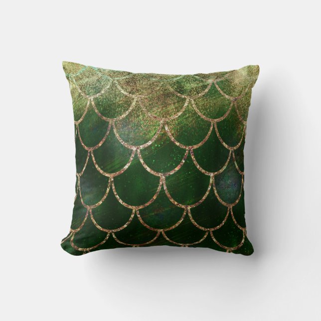 Green & Gold Shimmer Mermaid Fish Scales Cushion (Front)
