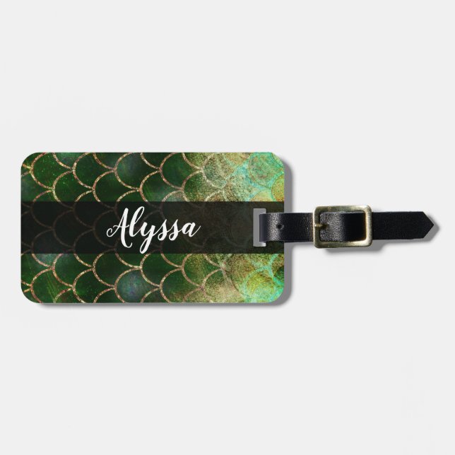 Green & Gold Shimmer Mermaid Fish Scales Luggage Tag (Front Horizontal)