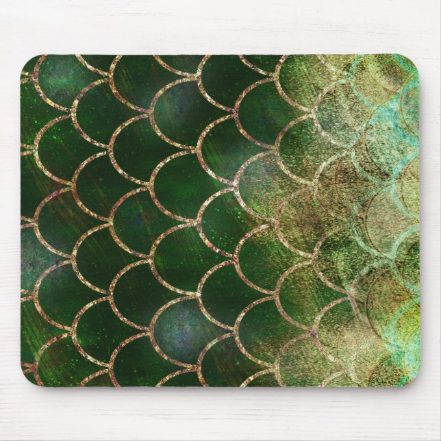 Green & Gold Shimmer Mermaid Fish Scales Mouse Mat (Front)