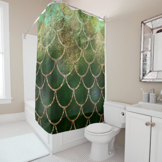 Green & Gold Shimmer Mermaid Fish Scales Shower Curtain (In Situ)