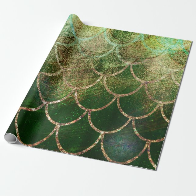 Green & Gold Shimmer Mermaid Fish Scales Wrapping Paper (Unrolled)