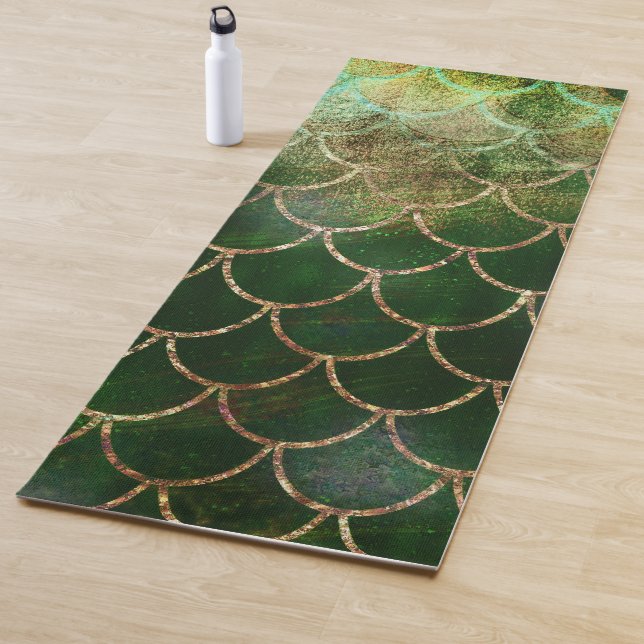Green & Gold Shimmer Mermaid Fish Scales Yoga Mat (In Situ)