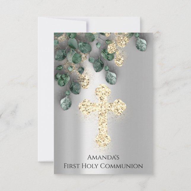 Green Gold Silver First Holy Communion Cross Invitation (Back)
