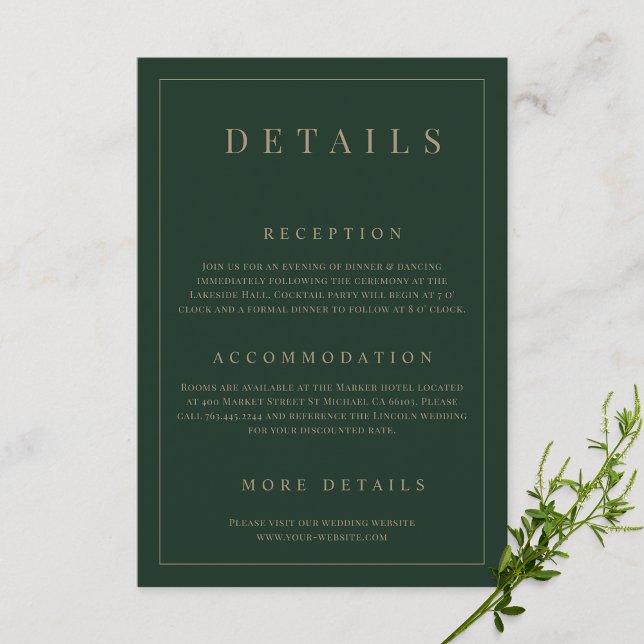 Green & Gold Simple Formal Wedding Details  Enclosure Card (Creator Uploaded)