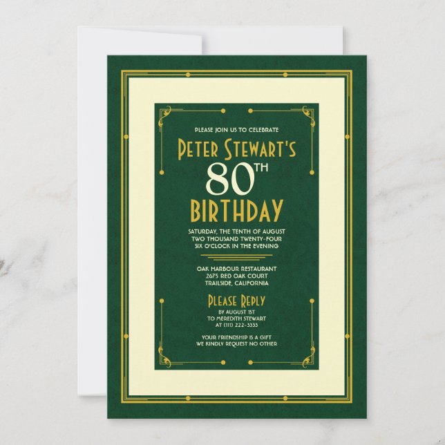 Green Gold Simple Man's Classic 80th Birthday Invitation (Front)