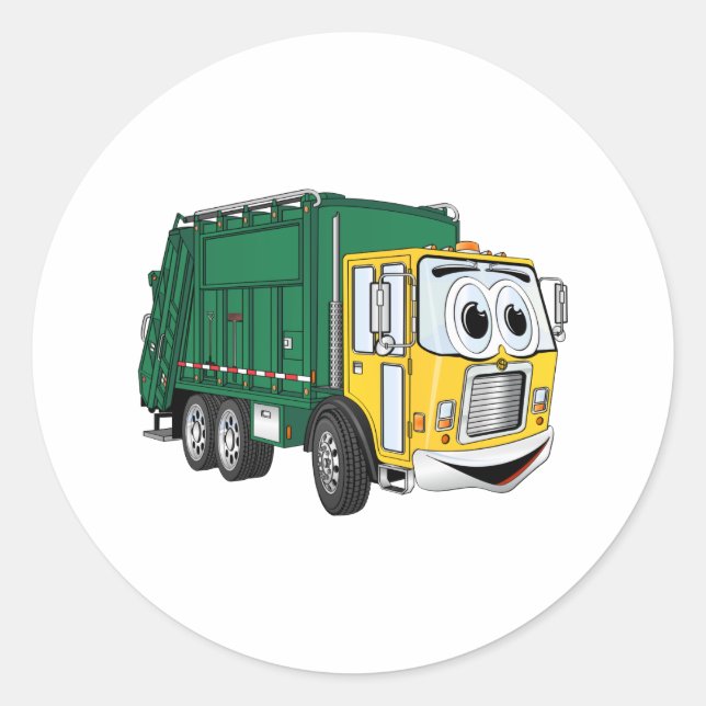 Green Gold Smiling Garbage Truck Cartoon Classic Round Sticker (Front)
