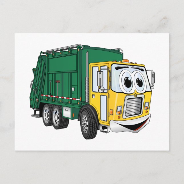 Green Gold Smiling Garbage Truck Cartoon Postcard (Front)