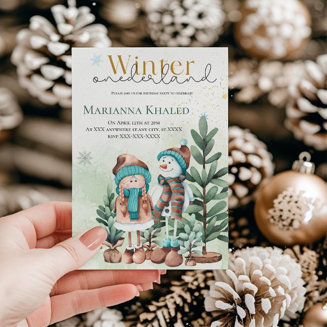 Green gold Snow Girl Snowman Christmas Birthday Invitation (Creator Uploaded)