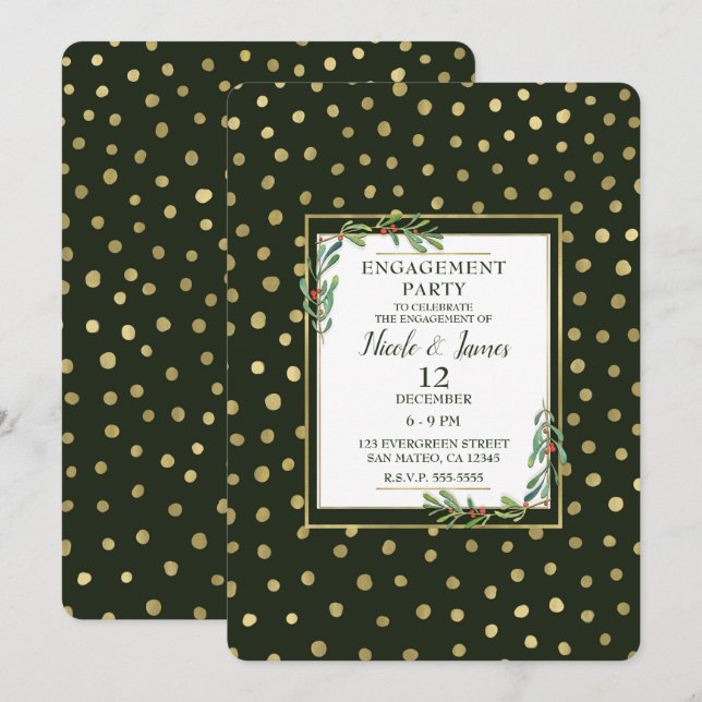 Green & Gold Snow Holiday Engagement Party Invitation (Front/Back)