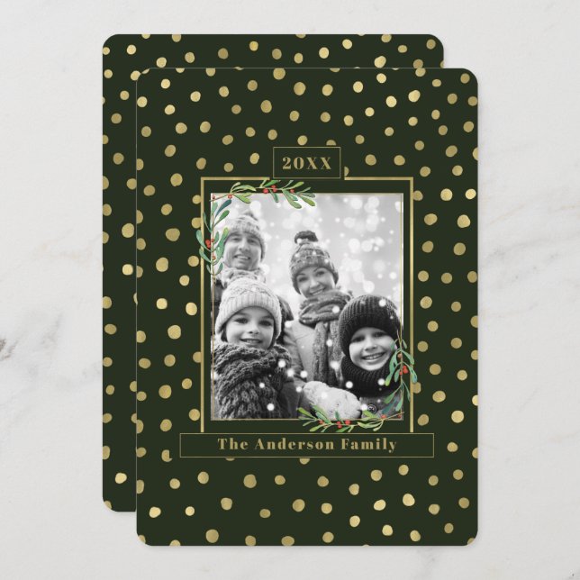 Green & Gold Snow Holiday Family Photo Invitation (Front/Back)