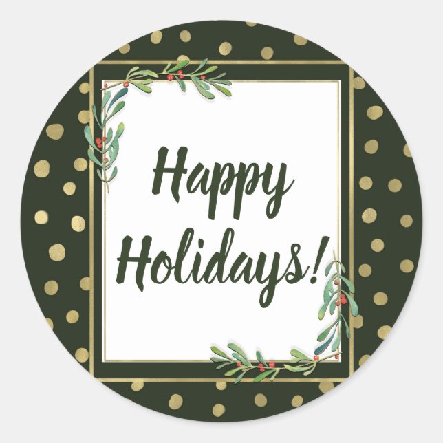 Green & Gold Snow Holiday Party Festive Party Classic Round Sticker (Front)