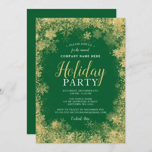 Green Gold Snowflake Corporate Holiday Party Invitation (Front/Back)