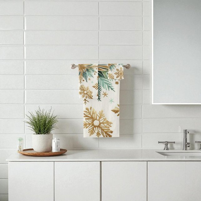Green Gold Snowflake Floral Holiday Bath Towel Set (Creator Uploaded)