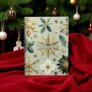 Green Gold Snowflake Floral Holiday Notebook