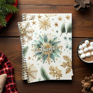 Green Gold Snowflake Floral Holiday Notebook