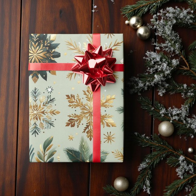 Green Gold Snowflake Holiday Luxury Modern Wrapping Paper (Creator Uploaded)