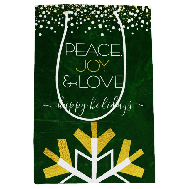 Green Gold Snowflake Peace Joy Love Typography Medium Gift Bag (Front)