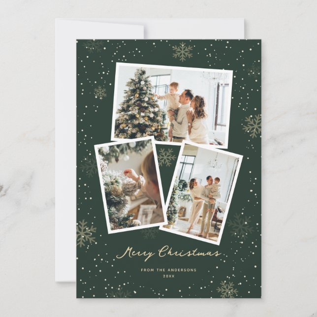Green Gold Snowflake Photo Merry Christmas Card (Front)