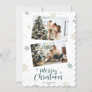 Green Gold Snowflake Photo Merry Christmas Cards