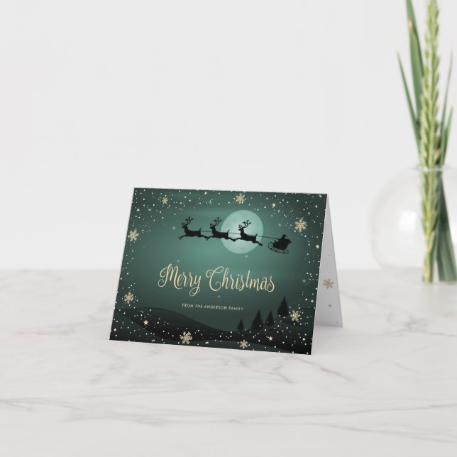 Green Gold Snowflakes Santa Merry Christmas Card (Front)