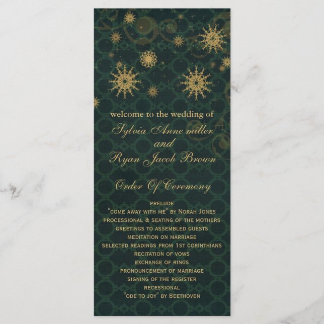 green gold Snowflakes wedding programs tea length Programme (Front)