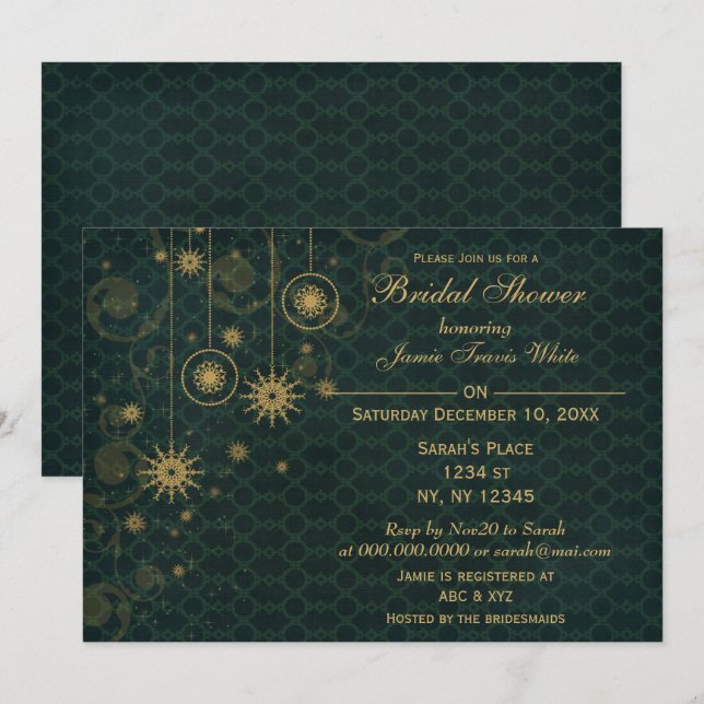 green gold Snowflakes Winter Bridal Shower Invite (Front/Back)