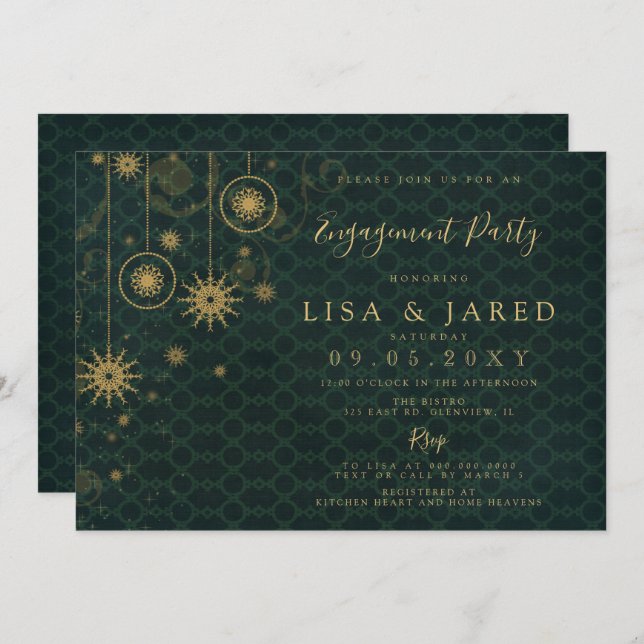 Green Gold Snowflakes Winter Engagement Party  Invitation (Front/Back)