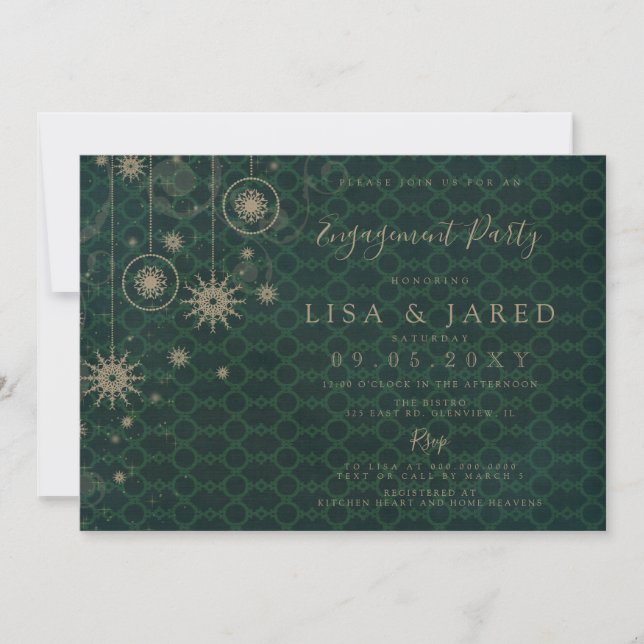 Green Gold Snowflakes Winter Engagement Party  Invitation (Front)