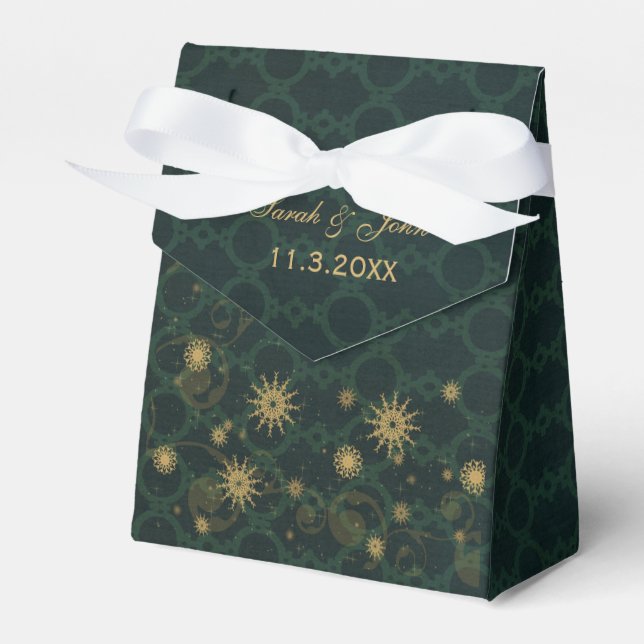 green gold Snowflakes Winter wedding favour box (Front Side)