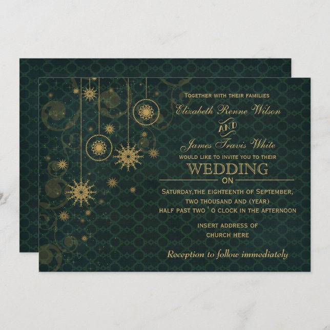 green gold Snowflakes Winter wedding invitations (Front/Back)