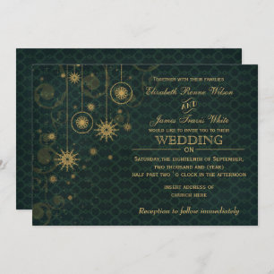 green gold Snowflakes Winter wedding invitations