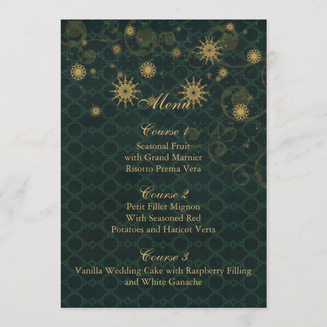 green gold Snowflakes Winter wedding menu cards (Front)