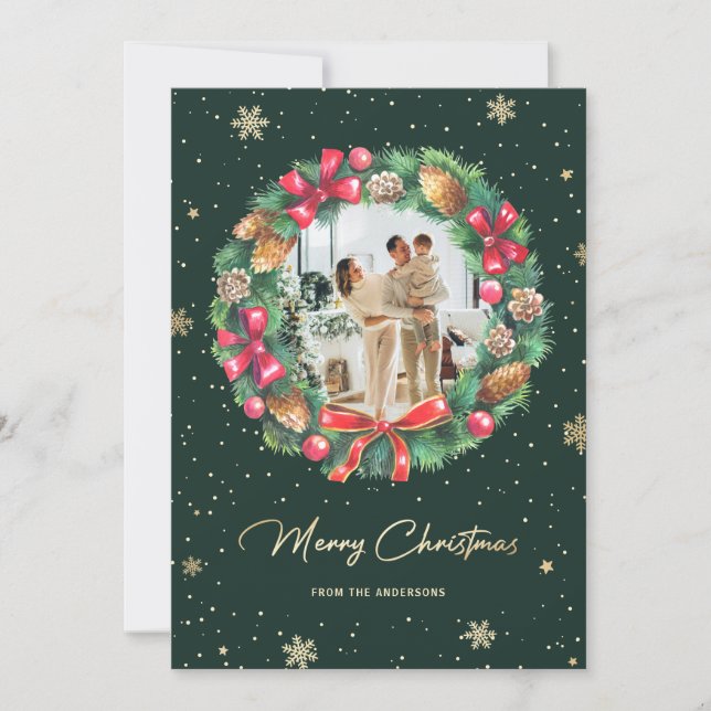 Green Gold Snowflakes Wreath Photo Holiday Card (Front)
