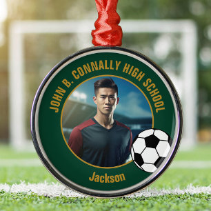 Green Gold Soccer Player Photo Christmas Metal Tree Decoration