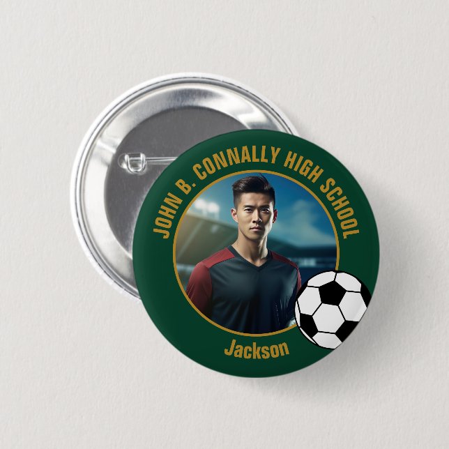 Green Gold Soccer Player Photo High School 6 Cm Round Badge (Front & Back)