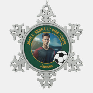 Green Gold Soccer Player Photo High School Snowflake Pewter Christmas Ornament