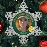 Green Gold Softball Player Photo High School Snowflake Pewter Christmas Ornament<br><div class="desc">This cool customized high school softball player photo gift features gold typography of your team and player name on a snowflake Christmas ornament with a ball on a dark green background. Personalize with your student's photograph and class year as a proud sports parent.</div>