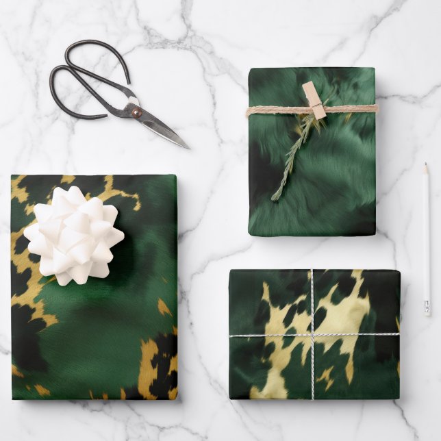 Green Gold Southwest Cowboy Cowgirl Cowhide Wrapping Paper Sheet (Front)