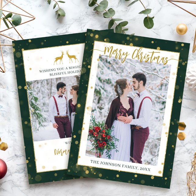 Green Gold Sparkle Merry Christmas 2 Photo Holiday Card (Creator Uploaded)