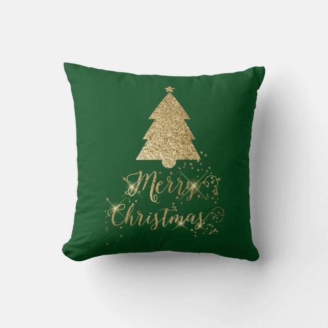 Green Gold Sparkle Merry Christmas Tree Cushion (Front)