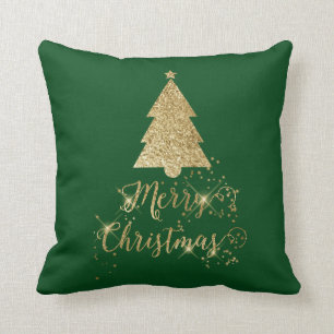 Green Gold Sparkle Merry Christmas Tree Cushion