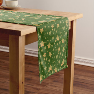 Green Gold Star Elegant Retro Vintage Christmas Short Table Runner