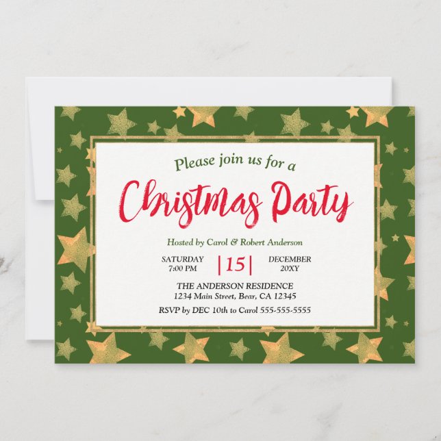 Green Gold Star Elegant Vintage Christmas Party Invitation (Front)